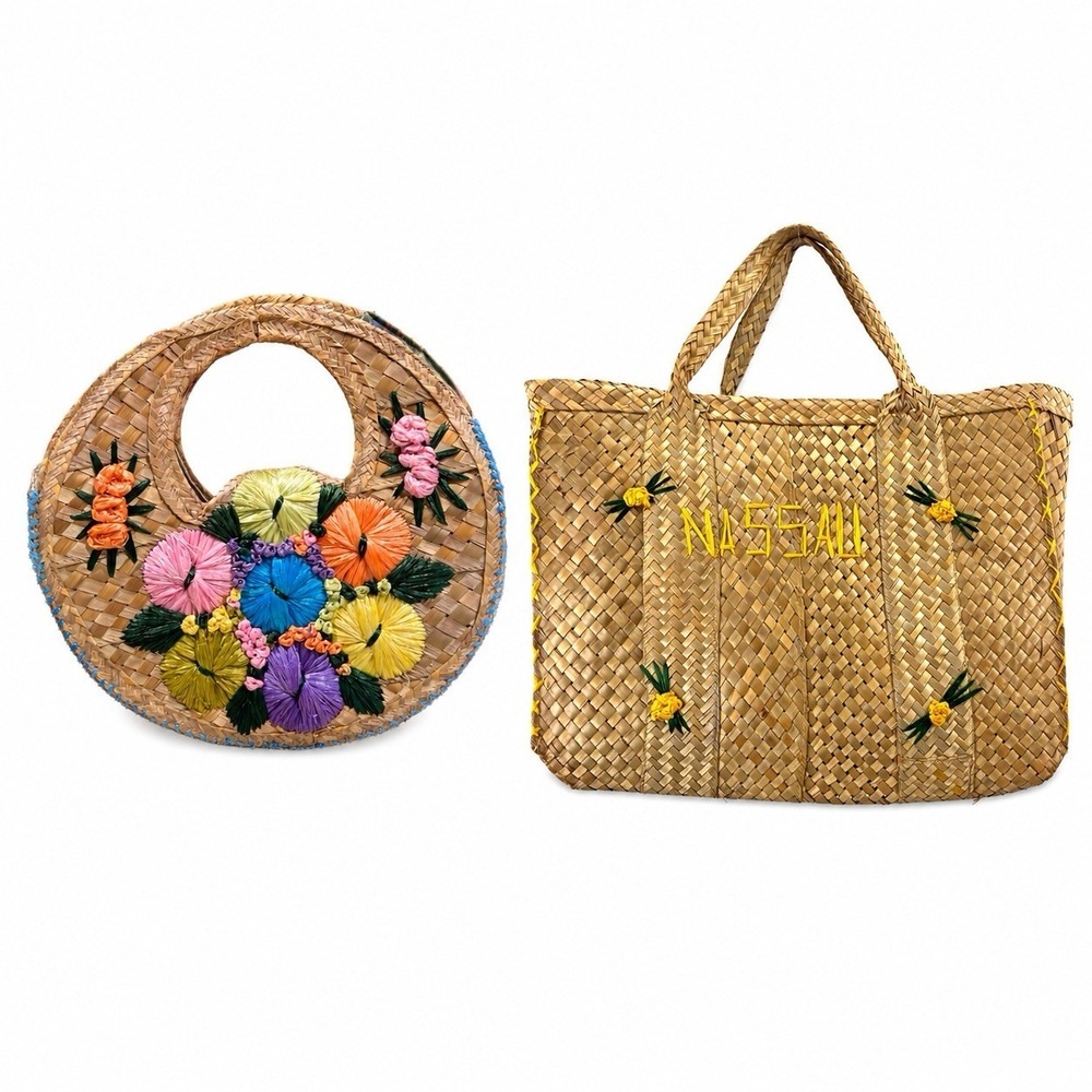 2 Vintage Woven Nassau Bahamas Straw Wicker Hobo Lined Tote Bag Flowers
